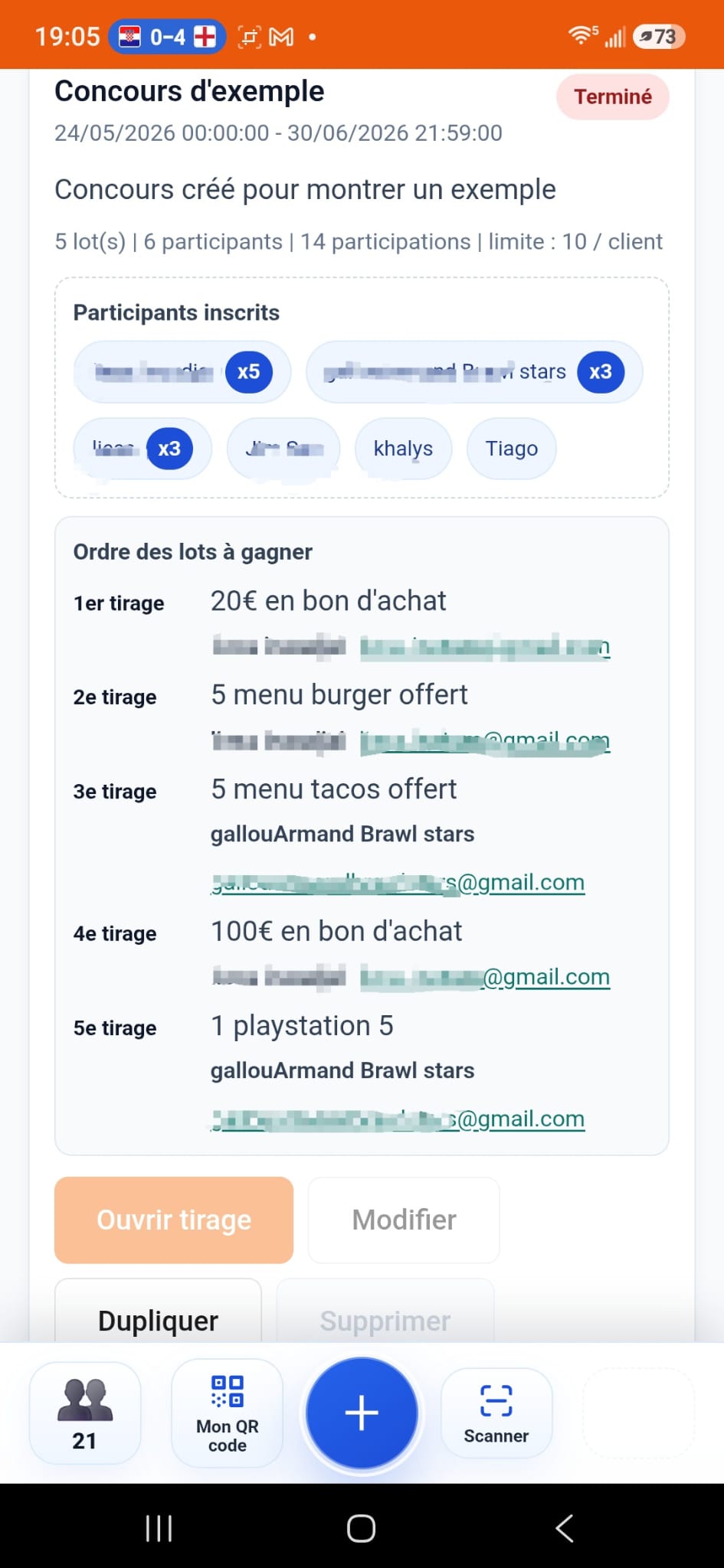 Gestion des participations et des lots du concours